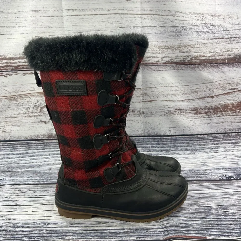 LL Bean Rangeley Buffalo Plaid Red Black Winter Boots, Women’s Size 6